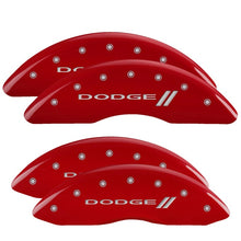 Load image into Gallery viewer, MGP 4 Caliper Covers Engraved Front &amp; Rear With stripes/Dodge Red finish silver ch MGP