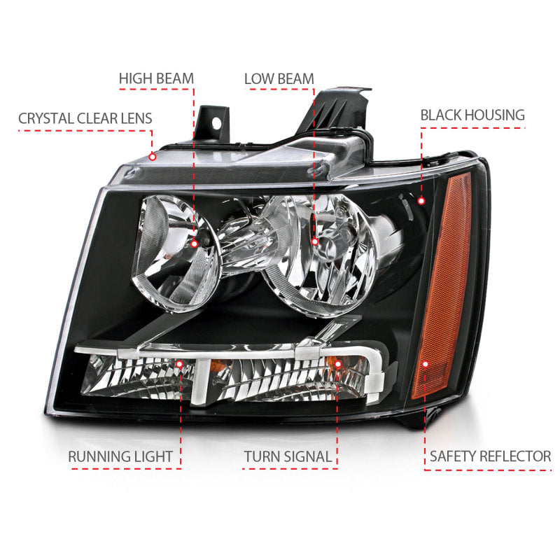 ANZO 2007-2014 Chevrolet Tahoe/Suburban Crystal Headlights Black - eliteracefab.com