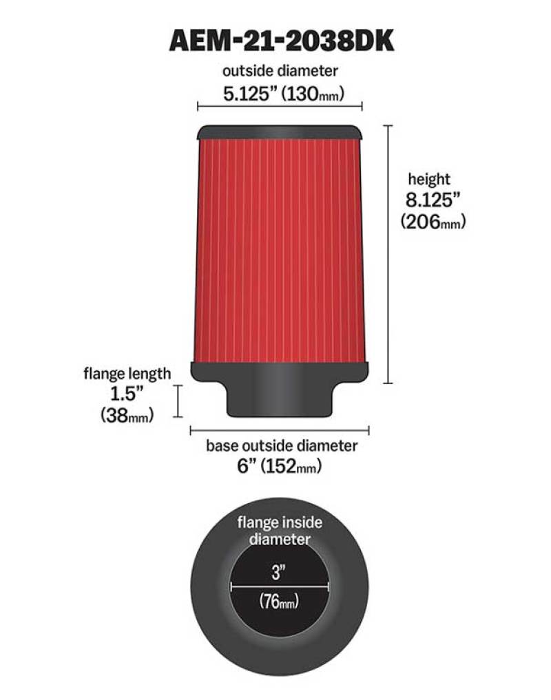 AEM 3 inch Short Neck 8 inch Element Filter Replacement - eliteracefab.com