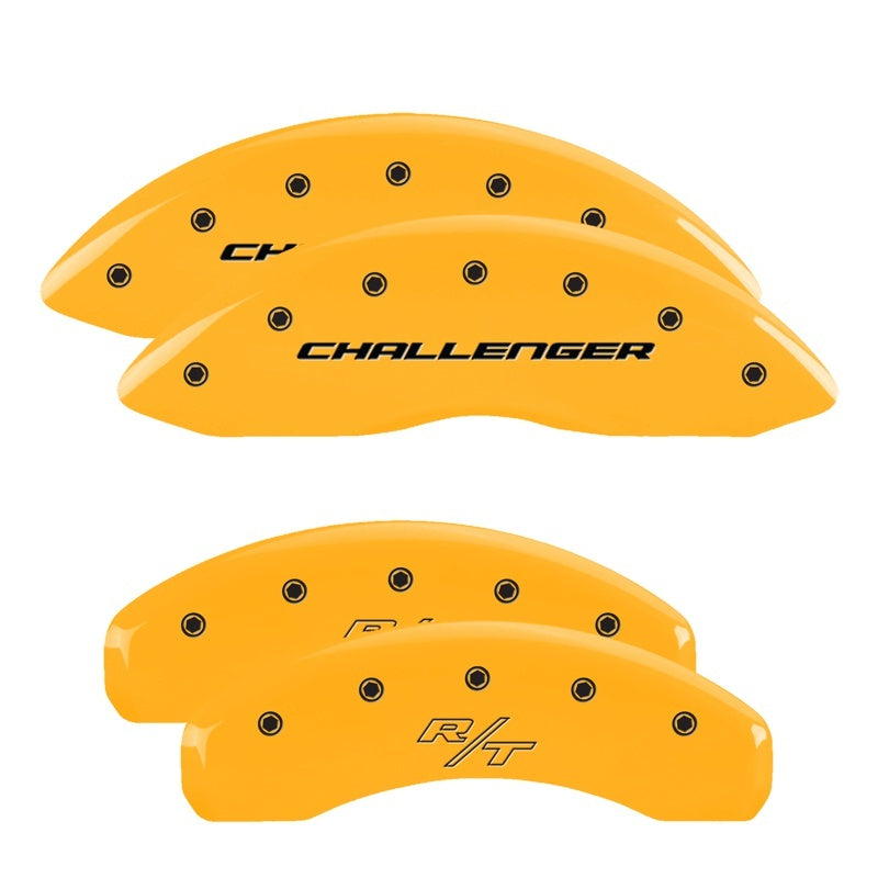 MGP 4 Caliper Covers Engrvd Front Block/Challenger Engrvd Rear Vintage Style/RT Yellow fnsh Blk ch MGP