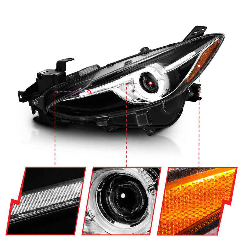 ANZO USA Mazda 3 Projector Headlights W/ Halo Black W/ Amber; 2014-2016 - eliteracefab.com