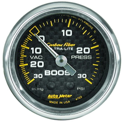 AutoMeter GAUGE; VAC/BOOST; 2 1/16in.; 30INHG-30PSI; MECHANICAL; CARBON FIBER - eliteracefab.com