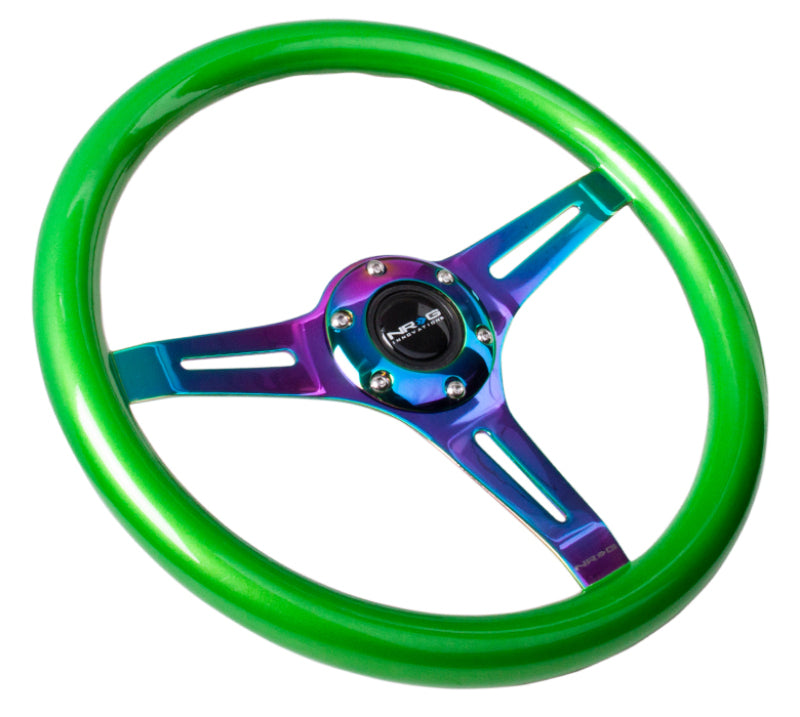 NRG Classic Wood Grain Steering Wheel (350mm) Green Pearl/Flake Paint w/Neochrome 3-Spoke Center - ST-015MC-GN