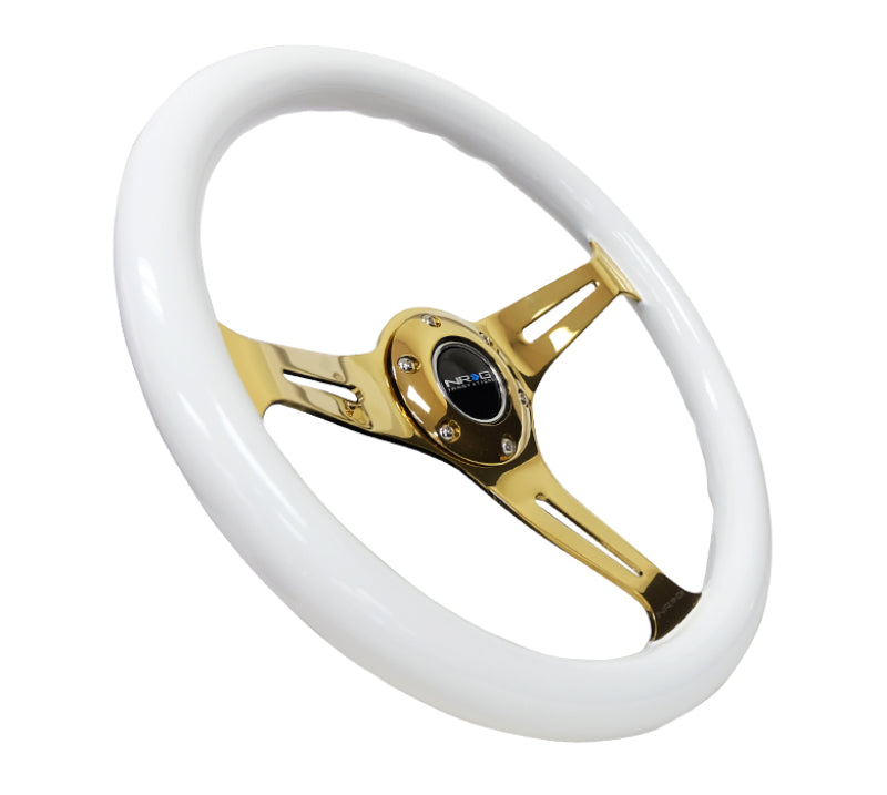 NRG Classic Wood Grain Steering Wheel 350mm Chrome Gold 3-Spokes White Grip - eliteracefab.com