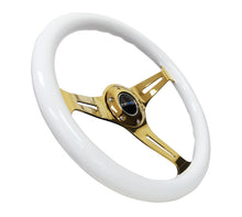 Load image into Gallery viewer, NRG Classic Wood Grain Steering Wheel 350mm Chrome Gold 3-Spokes White Grip - eliteracefab.com