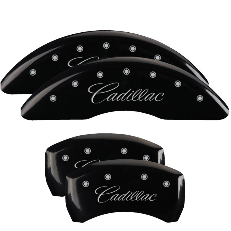 MGP 4 Caliper Covers Engraved F & R Cursive/Cadillac Black Finish Silver Char 2016 Cadillac CT6 MGP