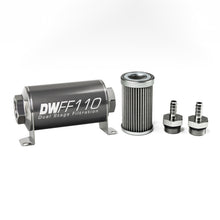 Load image into Gallery viewer, DeatschWerks Stainless Steel 5/16in 40 Micron Universal Inline Fuel Filter Housing Kit (110mm)