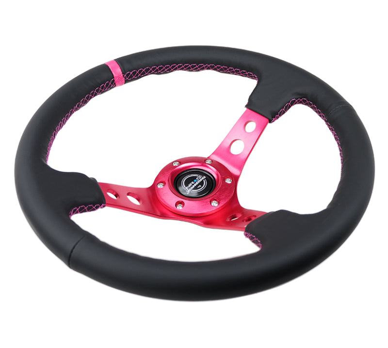 NRG Reinforced Steering Wheel (350mm/3in. Deep) Black Leather/ Fushia Center Mark/ Fushia Stitching - RST-006FH