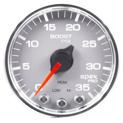 Autometer Spek-Pro Gauge Boost 2 1/16in 35psi Stepper Motor W/Peak & Warn Silver/Chrome P30321