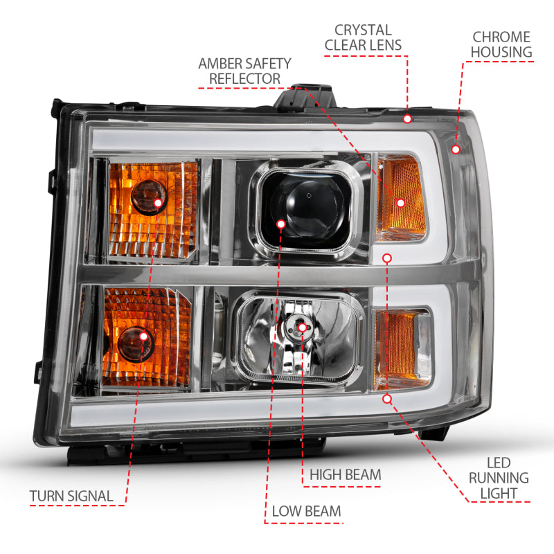 ANZO 2007-2013 Gmc Sierra 1500 Projector Headlight Plank Style Chrome w/ Clear Lens Amber - eliteracefab.com