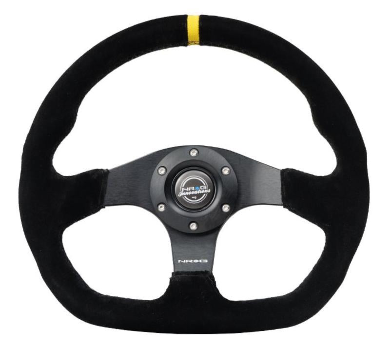 NRG Reinforced Steering Wheel (320mm) Sport Suede Dual Push Buttons Flat Bottom w/ Yellow Center - RST-024D-MB-S-Y