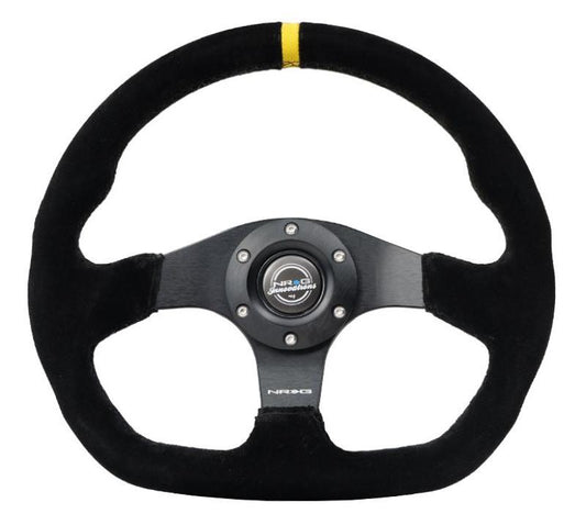NRG Innovations 320mm Flat-Bottom Reinforced Steering Wheel - Suede - Yellow Center Mark – RST-024D-MB-S-Y