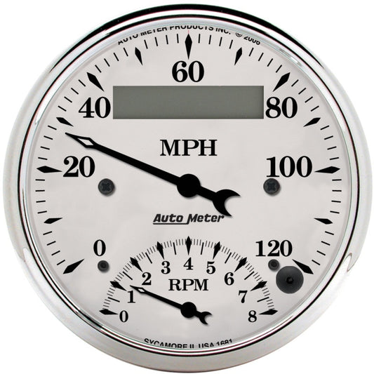 AutoMeter Gauge Tach/Speedo 3-3/8in. 120MPH & 8K RPM Elec. Program. Old Tyme Wht 1681