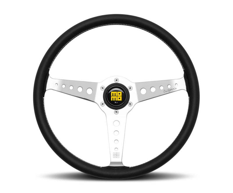 Momo California Steering Wheel 360 mm - Black Leather/White Stitch/Pol Spokes - eliteracefab.com