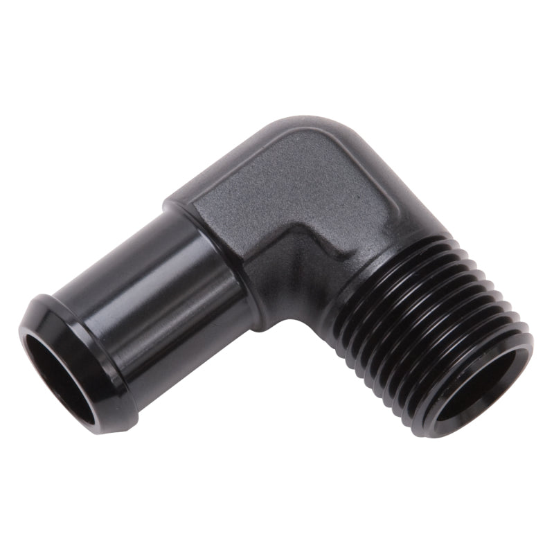 Edelbrock Hose End 90-Deg 1/2In NPT to 1/2In Barb Black Anodize