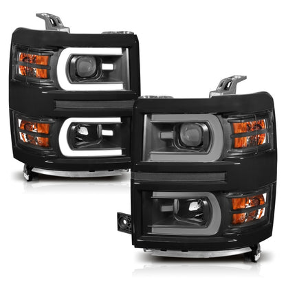 ANZO 14-15 Chevrolet Silverado 1500 Projector Headlights w/ Plank Style Switchback Black w/ Amber - eliteracefab.com