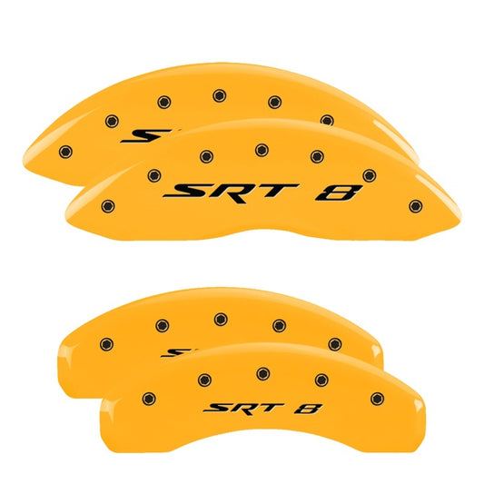 MGP 4 Caliper Covers Engraved Front & Rear 11-18 Jeep Grand Cherokee Yellow Finish Black SRT-8 Logo MGP