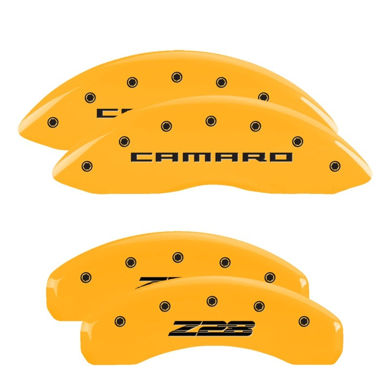 MGP 4 Caliper Covers Engraved Front Gen 5/Camaro Engraved Rear Gen 5/Z28 Yellow finish black ch MGP