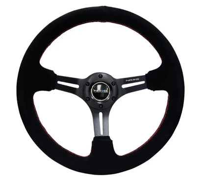 NRG Reinforced Sport Steering Wheel 350mm SUEDE 3 Inch Deep Black Leather with Red Stitch - eliteracefab.com