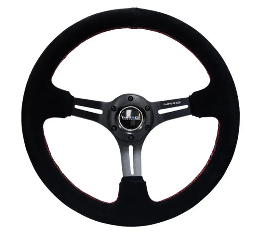 NRG Reinforced Sport Steering Wheel 350mm SUEDE 3 Inch Deep Black Leather with Red Stitch - eliteracefab.com