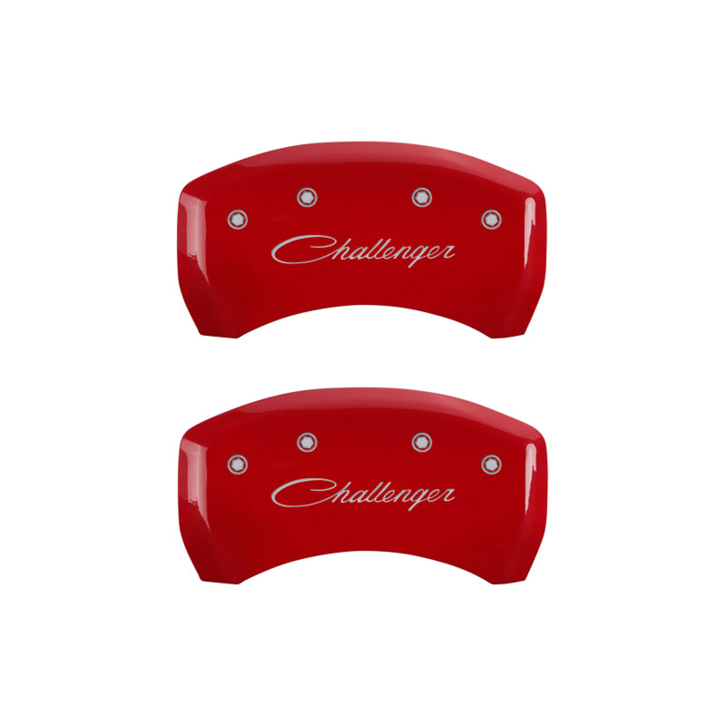 MGP 4 Caliper Covers Engraved Front & Rear Cursive/Challenger Red finish silver ch MGP