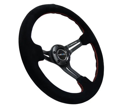 NRG Reinforced Sport Steering Wheel 350mm SUEDE 3 Inch Deep Black Leather with Red Stitch - eliteracefab.com