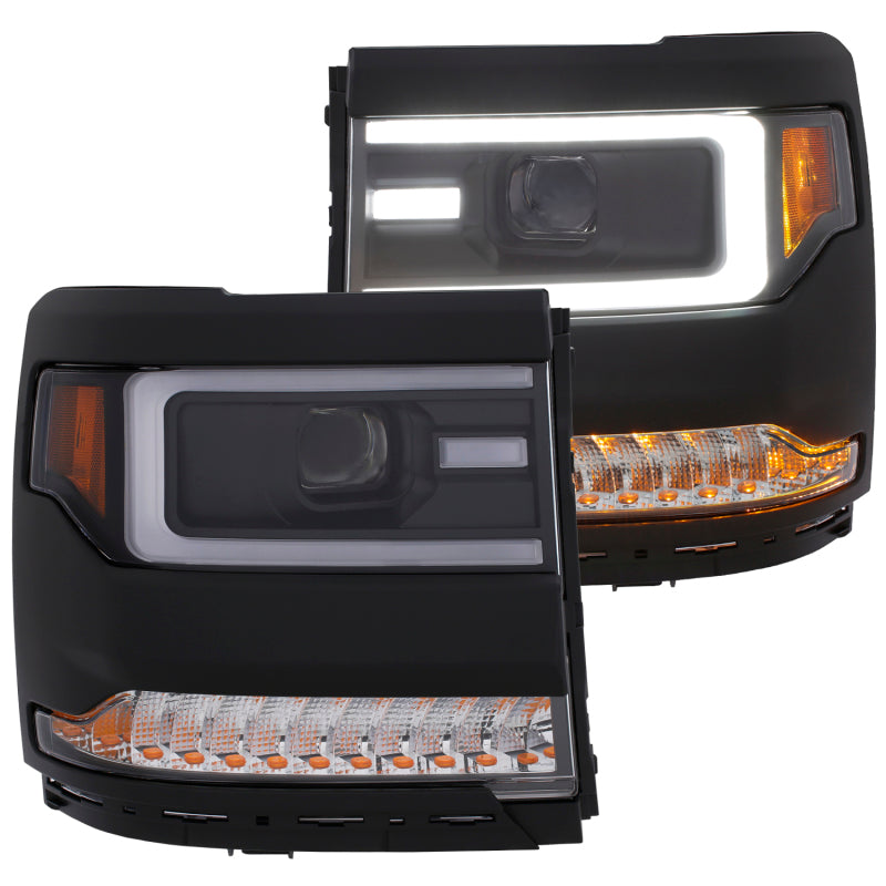 ANZO USA Chevrolet Silverado Projector Headlights W/ Plank Style Black W/ Amber Seq Turn Signal; 2016-2018 - eliteracefab.com