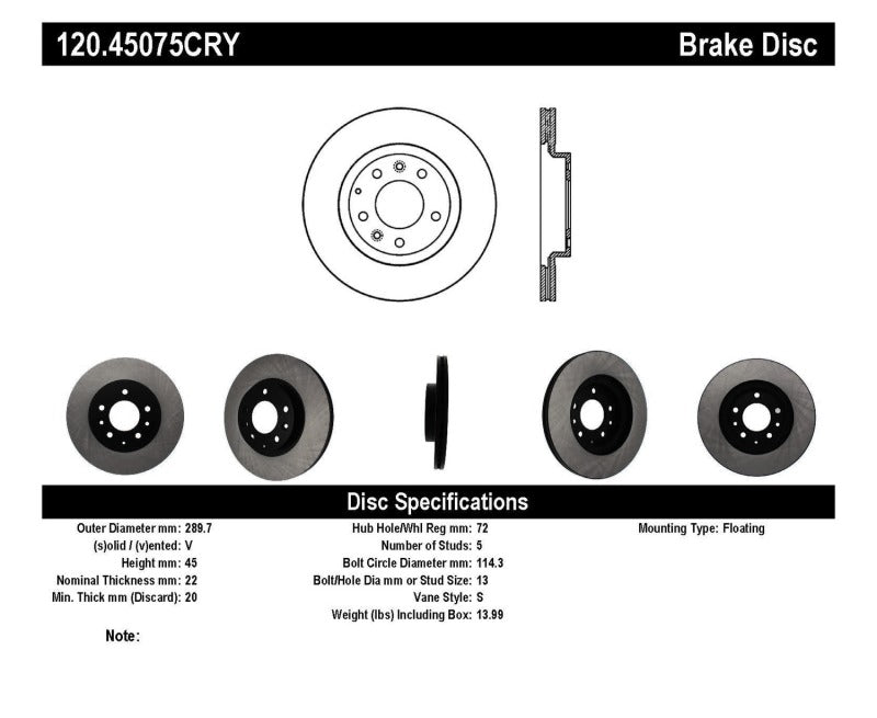 Stoptech 06-15 Mazda Miata MX-5 Front Premium Cryostop Brake Rotor Stoptech