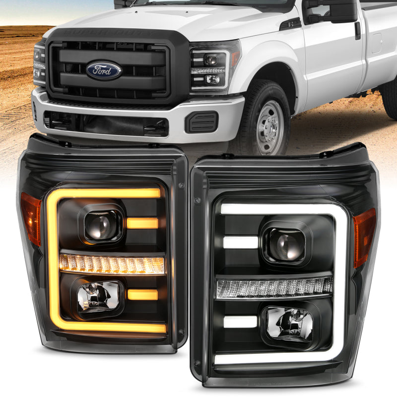 ANZO 2011-2016 Ford F250 Projector Headlights w/ Plank Style Switchback Black w/ Amber - eliteracefab.com