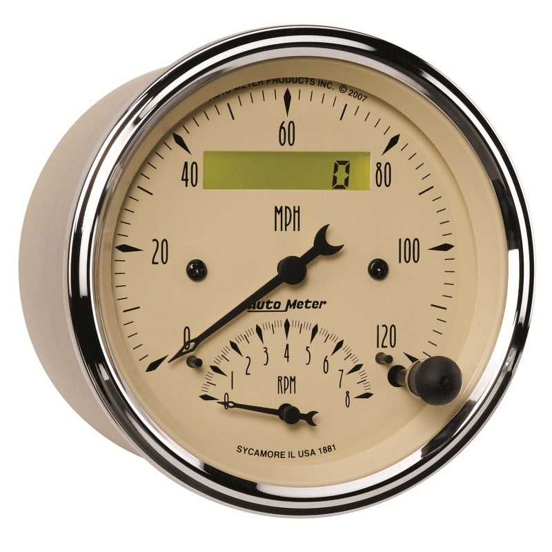 AutoMeter Gauge Tach/Speedo 3-3/8in. 120MPH & 8K RPM Elec. Program. Antq Beige 1881