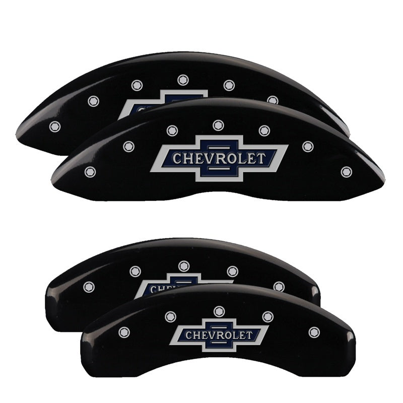 MGP 4 Caliper Covers Engraved Front & Rear Chevrolet 100 Anniversary Logo Black Finish Silver Charac MGP