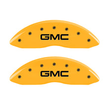 Load image into Gallery viewer, MGP 4 Caliper Covers Engraved Front &amp; Rear GMC Yellow Finish Black Char 2005 GMC Envoy XL