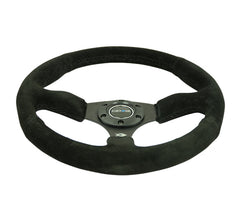 NRG Reinforced Steering Wheel 350mm Sport Suede Racing 2.5 Inch Deep Comfort Grip, 5mm thick matte black spoke - eliteracefab.com