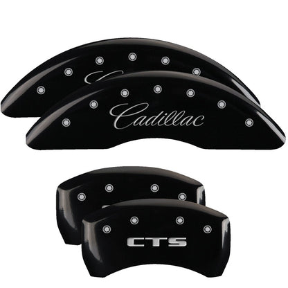 MGP 4 Caliper Covers Engraved Front Cursive/Cadillac Engraved Rear CTS Black finish silver ch MGP