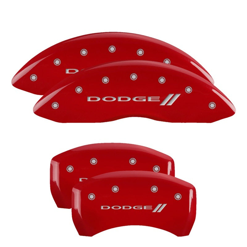 MGP 4 Caliper Covers Engraved Front & Rear With stripes/Dodge Red finish silver ch - eliteracefab.com