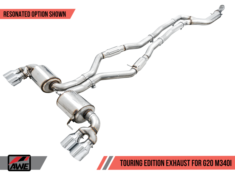 AWE Tuning 2019+ BMW M340i (G20) Resonated Touring Edition Exhaust - Quad Diamond Black Tips - eliteracefab.com