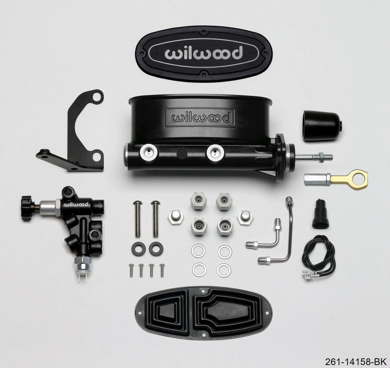 Wilwood HV Tandem M/C Kit w L/H Bracket & Prop Valve - 15/16in Bore Black-W/Push. - Early Mustang Wilwood