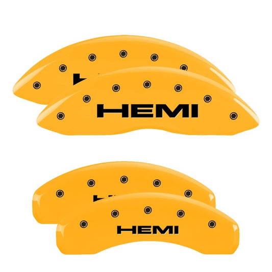 MGP 4 Caliper Covers Engraved Front & Rear 11-18 Jeep Grand Cherokee Yellow Finish Black Hemi Logo MGP