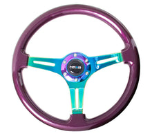 Load image into Gallery viewer, NRG Purple Pearl Flake Paint 3 Neochrome Spokes 350mm Classic Wood Grain Wheel Universal - eliteracefab.com