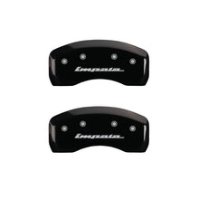 Load image into Gallery viewer, MGP 4 Caliper Covers Engraved Front &amp; Rear Impala Black finish silver ch - eliteracefab.com