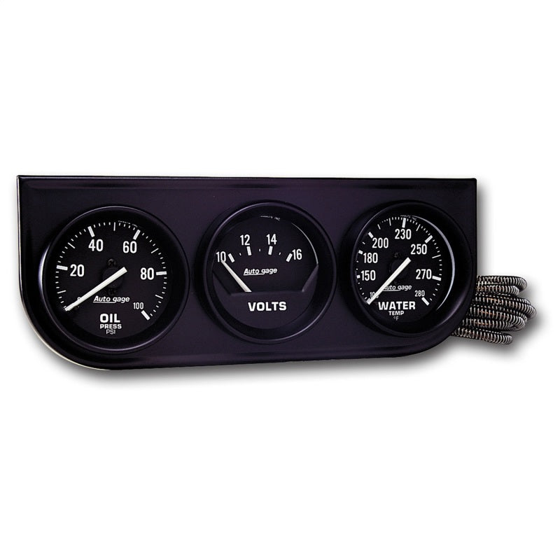 AutoMeter GAUGE CONSOLE; OILP/WTMP/VOLT; 2in.; 100PSI/280deg.F/18V; MECH BLK DIAL; BLK BZL - eliteracefab.com