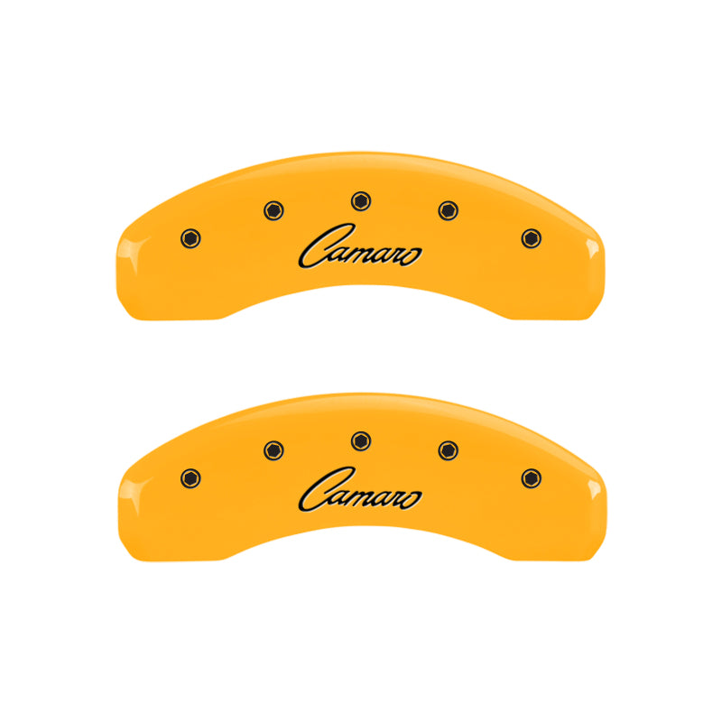 MGP 4 Caliper Covers Engraved Front & Rear Cursive/Camaro Yellow finish black ch MGP