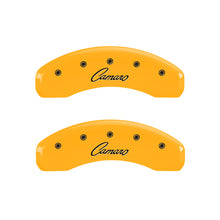 Load image into Gallery viewer, MGP 4 Caliper Covers Engraved Front &amp; Rear Cursive/Camaro Yellow finish black ch MGP