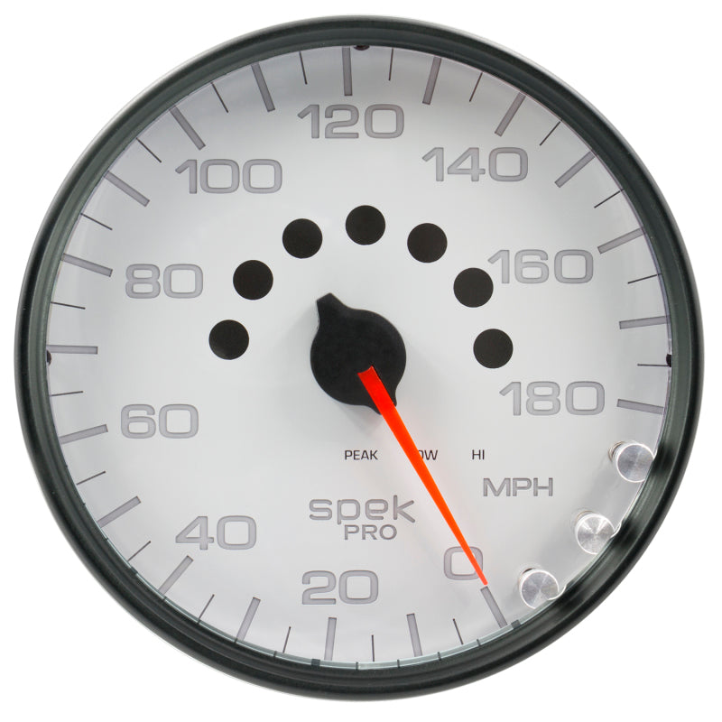 Autometer Spek-Pro Gauge Speedometer 5in 180 Mph Elec. Programmable White/Black P23012