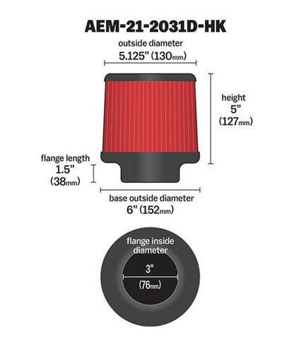 AEM Dryflow 3in. X 5in. Round Tapered Air Filter - eliteracefab.com