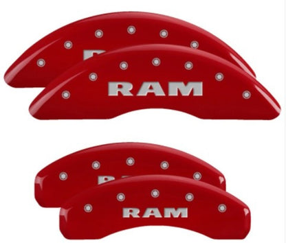 MGP 4 Caliper Covers Engraved Front & Rear 2019 Ram 1500 Red Finish Silver RAM Logo - eliteracefab.com