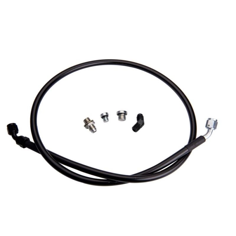 Fleece remote turbo oil feed line kit with 1/4 inch NPT fitting for 2001-2016 Chevy Silverado and GMC Sierra 2500 and 3500 Duramax trucks