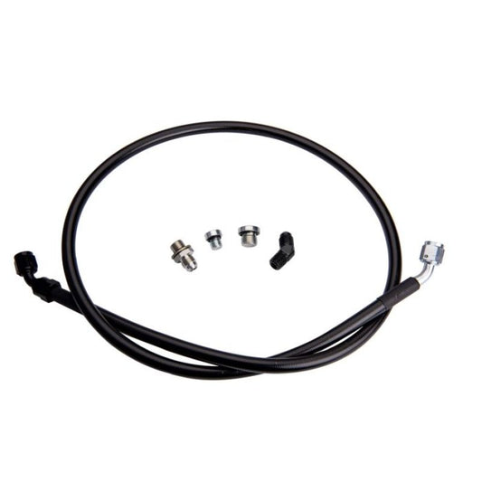 Fleece remote turbo oil feed line kit with 1/4 inch NPT fitting for 2001-2016 Chevy Silverado and GMC Sierra 2500 and 3500 Duramax trucks