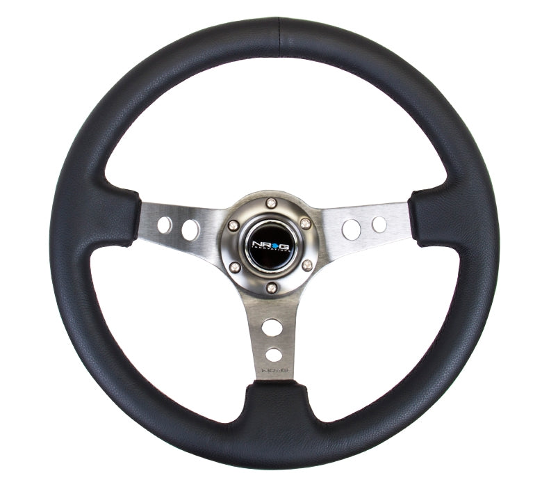 NRG Reinforced Sport Steering Wheel 350mm 3 Inch Deep Gun Metal Spoke Round holes Black Leather Yellow Center Mark - eliteracefab.com