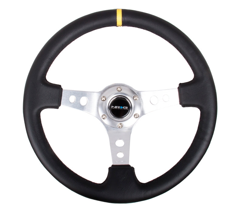 NRG Reinforced Sport Steering Wheel 350mm 3 Inch Deep Silver Spoke Round holes Black Leather Yellow Center Mark - eliteracefab.com